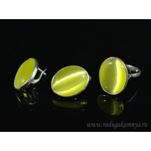 Кольцо и серьги с кошачьим глазом, цвет олива