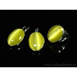 Кольцо и серьги с кошачьим глазом, цвет олива