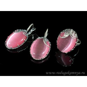 Кольцо и серьги с кошачьим глазом, цвет розовый