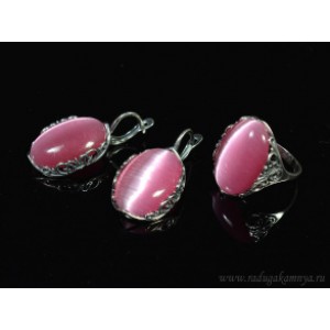 Кольцо и серьги с кошачьим глазом, цвет розовый