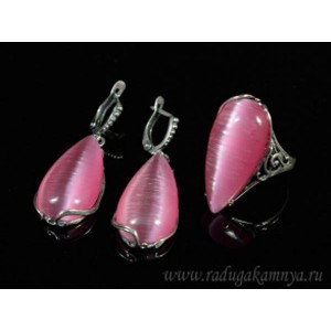 Кольцо и серьги с кошачьим глазом, цвет розовый