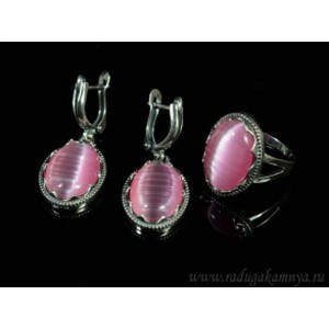 Кольцо и серьги с кошачьим глазом, цвет розовый