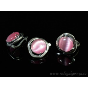 Кольцо и серьги с кошачьим глазом, цвет розовый