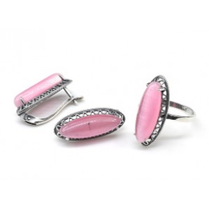 Кольцо и серьги с кошачьим глазом, цвет розовый