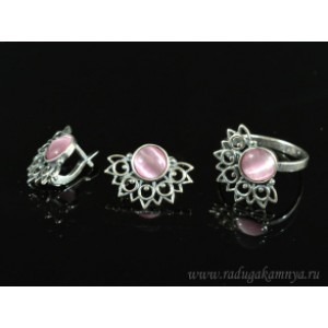 Кольцо и серьги с кошачьим глазом, цвет розовый