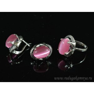 Кольцо и серьги с кошачьим глазом, цвет розовый
