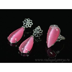 Кольцо и серьги с кошачьим глазом, цвет розовый