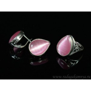 Кольцо и серьги с кошачьим глазом, цвет розовый