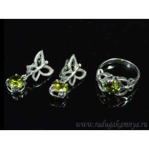 Кольцо и серьги с цирконом искусственным, цвет олива