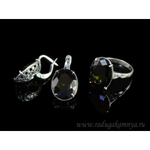 Кольцо и серьги с цирконом искусственным, цвет олива