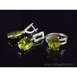 Кольцо и серьги с цирконом искусственным, цвет олива