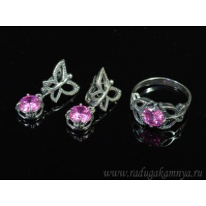 Кольцо и серьги с цирконом искусственным, цвет розовый