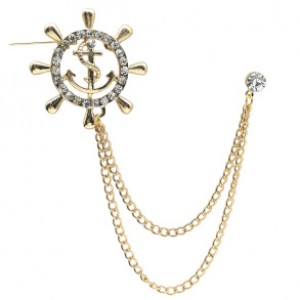 Брошь двойная с цепочкой Штурвал 43мм с цирконами цвет хрусталь (иск.)