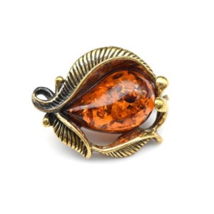 Брошь Цветок 23*28мм с янтарем в бронзе цвет  коньячный (иск.)