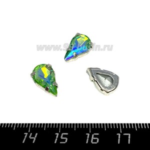 Стразы Капля 13*8 мм мультиколор зелёный-синий-фиолетовый/оправа серебро, 1 штука