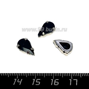 Стразы Капля 13*8 мм глубокий чёрный/оправа серебро, 1 штука