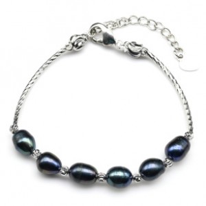 Браслет с жемчугом черным овал 6*8мм цвет серебристый, 15см