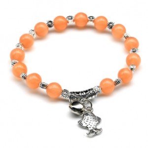 Браслет из кошачьего глаза (синт.) шарик 8мм с Кулонами цвет персиковый (иск.)