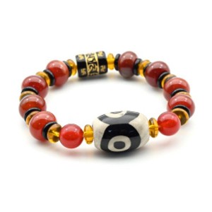 Браслет с бусиной дзи "Три глаза" бочонок 16*22мм с сердоликом рондель 12*8мм