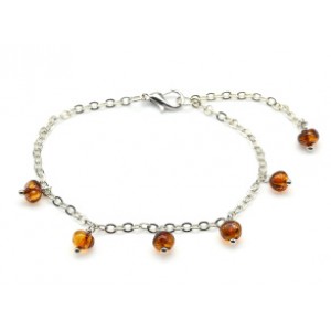 Браслет с янтарем на цепочке галтовка 5мм цвет  светло-коньячный, 18см