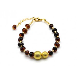 Модный женский браслет с янтарем галтовка, шарики цвет коньячный, 17см