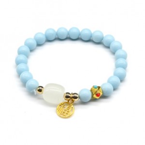 Браслет с подвеской "На удачу" шарик 8мм цвет голубой (иск.)