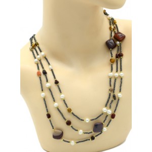 Колье 3 нити из яшмы мукаит с жемчугом, 53см Колье 3 нити из яшмы мукаит с жемчугом, 53см