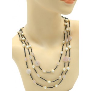 Колье 3 нити из розового кварца с жемчугом, 53см Колье 3 нити из розового кварца с жемчугом, 53см