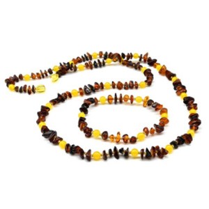 Бусы и браслет из янтаря крошка с шариком коньячный, медово-молочный, 69см