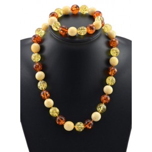 Бусы и браслет из янтаря мятый шарик 14-15мм лимонный, молочный, коньячный, 50см (иск.)