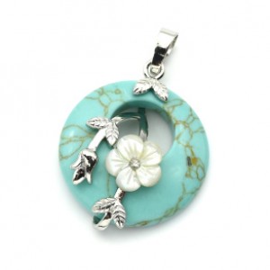 Кулон с камнем из бирюзы иранской искусственной круг 27мм с цветами (иск.)