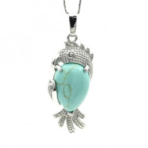 Кулон в металле "Попугай" 15*35мм с бирюзой иранской искусственной (иск.)