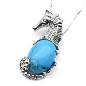 Кулон в виде Морского конька 22*37мм с бирюзой искусственной в металле (иск.)