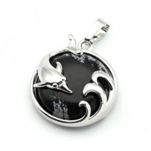 Кулон Дельфин 24*26мм с обсидианом снежным