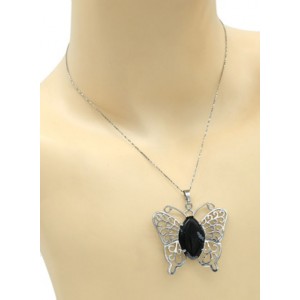 Кулон Бабочка 45*40мм с обсидианом снежным в металле