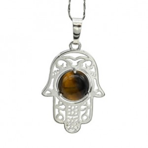 Кулон Рука Фатимы 22*30мм с тигровым глазом в оправе из ювелирного сплава
