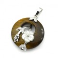 Кулон с камнем из тигрового глаза круг 27мм с цветами
