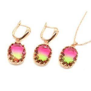 Кулон на цепочке, Серьги 15*20мм цв.золото с цирконом цвет арбузовое амбре, 49см (иск.)