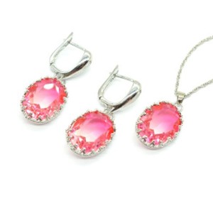Кулон на цепочке, Серьги 15*20мм цв.серебро с цирконом цвет розовое амбре, 49см (иск.)