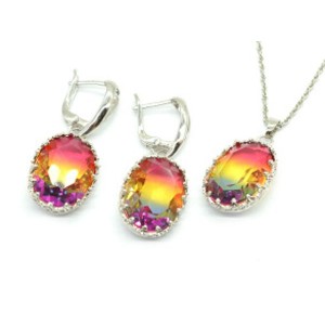 Кулон на цепочке, Серьги 15*20мм цв.серебро с цирконом цвет ассорти, 49см (иск.)