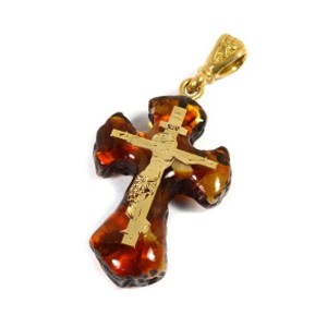 Кулон из янтаря крестик 21*31мм коньячный, гальваника цвет золото. (иск.)