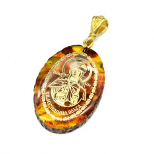 Кулон с янтарем иконка "Святая Мученица Ольга" овал 21*31мм. (иск.)