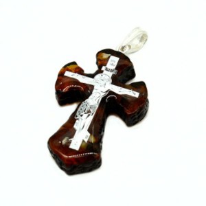 Кулон из янтаря крестик 28*42мм коньячный, гальваника цвет серебро (иск.)