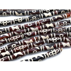 Бусины Дзи "Пять глаз с молний" из агата бочонок 10*30мм, цвет бордово-белый, 30см, 10 бусин