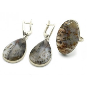 Кольцо и серьги с агатом моховым