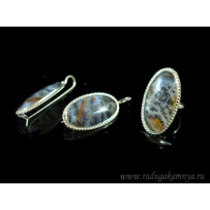 Кольцо и серьги с агатом моховым овал