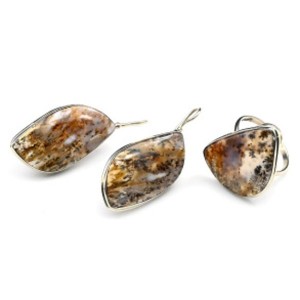 Кольцо и серьги агат моховой