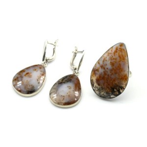 Кольцо и серьги агат моховой " Капля "