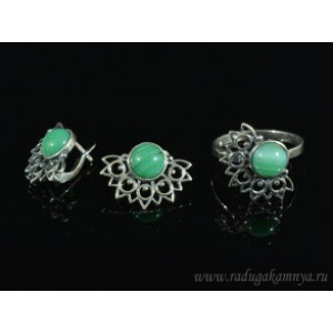 Кольцо и серьги с агатом тонированным, цвет зеленый