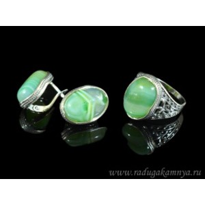 Кольцо и серьги с агатом тонированным, цвет зеленый